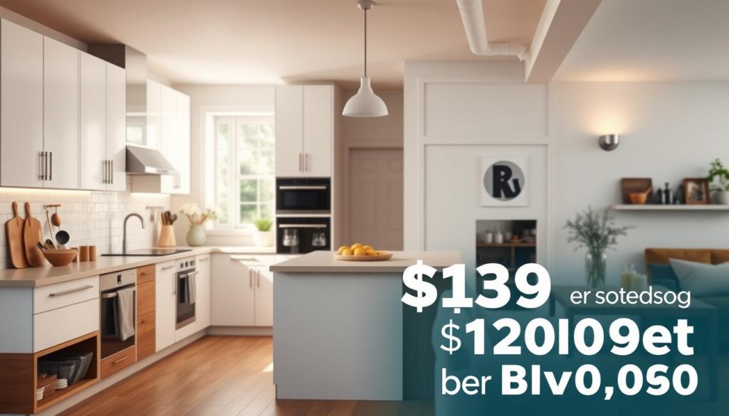 A cozy and functional kitchen interior with a modern, minimalist aesthetic. Sleek white cabinets with warm wood accents, a spacious countertop, and minimalist pendant lighting. The room is bathed in soft, natural light, creating a welcoming ambiance. In the foreground, a detailed budget breakdown is displayed, showcasing the cost-effective yet high-quality design choices. The middle ground features various kitchen tools and appliances, highlighting the practical nature of the space. The background subtly suggests an open floor plan, blending seamlessly with the living area. Overall, the scene conveys a harmonious and efficient kitchen design within a thoughtful budgetary framework.