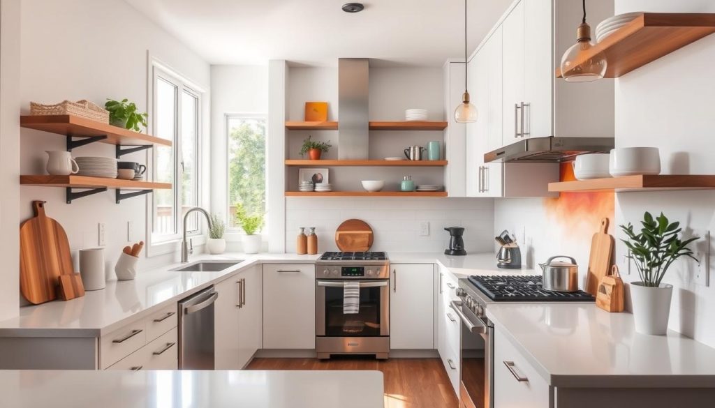 A cozy and functional small kitchen with a sleek, modern design. Bright, natural lighting filters through large windows, casting a warm glow over the clean, minimalist cabinetry and countertops. Strategically placed shelves and hanging storage solutions maximize the limited space, creating an organized and efficient workflow. Pops of vibrant color, such as a statement backsplash or pendant lights, add visual interest and personality. Subtle textures, like a wooden cutting board or a potted plant, bring in organic warmth. High-end, stainless steel appliances seamlessly integrate, while a central island provides additional counter space and casual seating. The overall atmosphere is both stylish and practical, perfectly suited for a passionate home chef's YouTube cooking setup.