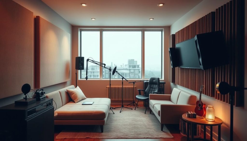 A cozy and intimate acoustic studio with warm lighting and clean, minimalist decor. The room features sound-absorbing panels on the walls, a professional-grade microphone setup, and a comfortable seating area for recording podcasts or music. Large windows provide natural light, creating a relaxing and inviting atmosphere. The space is designed with attention to acoustic details, ensuring high-quality sound capture and minimal external noise interference. The overall aesthetic is modern, sleek, and tailored to the needs of a professional content creator.