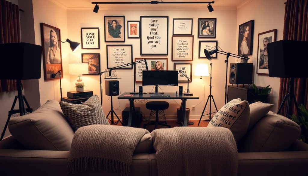 A cozy and inviting YouTube podcast studio, with a warm, intimate vibe. In the foreground, a comfortable sofa with plush cushions and a throw blanket, perfectly positioned for relaxed recording sessions. The middle ground features a sleek, modern desk setup with a high-quality microphone, camera, and lighting equipment, all meticulously arranged for optimal production quality. In the background, a tasteful gallery wall showcases framed artwork and inspirational quotes, creating a visually stunning and personalized backdrop. The overall lighting is soft and flattering, with a mix of ambient and directional sources that highlight the space's natural textures and colors. The atmosphere is cozy, inviting, and reflective of the podcast's brand and style.