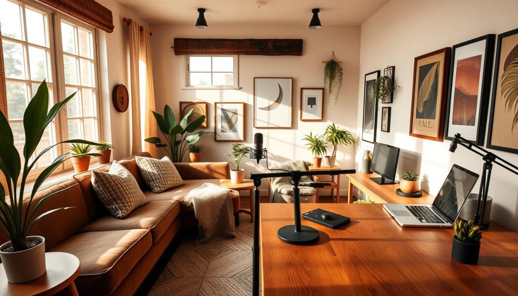 A cozy and inviting YouTube podcast studio with warm, natural lighting streaming through large windows. The space features a plush, L-shaped sofa with decorative throw pillows, and a wooden desk with a professional-grade microphone and audio equipment. Potted plants and carefully curated wall art create an intimate, homey atmosphere. The overall design blends modern minimalism with rustic, earthy tones for a sophisticated, yet approachable vibe. The camera angle captures the studio from a slightly elevated perspective, showcasing the thoughtful layout and attention to detail in the professional-level design.