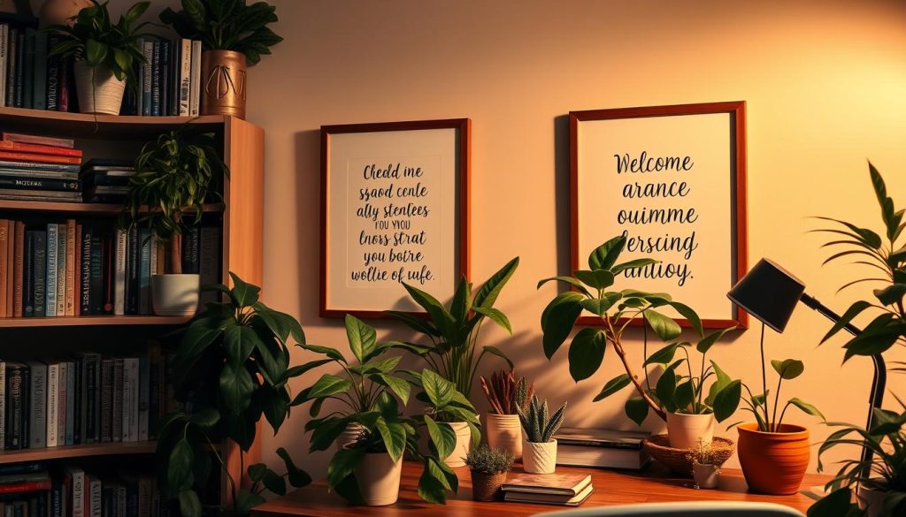A cozy and inviting home office space, featuring a well-stocked bookshelf, lush potted plants, and an inspirational framed artwork. Warm, directional lighting casts a soft glow, highlighting the textures and colors of the natural elements. The overall ambiance is one of creativity, productivity, and a welcoming atmosphere, perfect for a lifestyle vlogger's backdrop. The composition is balanced, with the bookshelf and greenery providing depth and visual interest, complemented by the carefully curated accessories that add personality and a sense of homeliness.