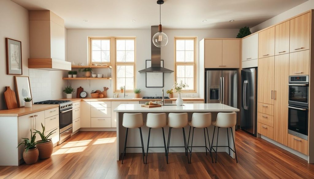 A cozy and inviting kitchen decor for a cooking YouTube channel, featuring a stylish minimalist design with warm wood tones, sleek white cabinetry, and modern stainless steel appliances. The spacious layout includes a central island with bar stools, offering a functional workspace and social gathering area. Abundant natural lighting from large windows illuminates the space, creating a bright and airy ambiance. Carefully curated decorative elements, such as potted plants, simple artwork, and a modern pendant light fixture, add visual interest and a touch of personality. The overall aesthetic is both practical and visually appealing, perfectly suited for a high-quality cooking content production.