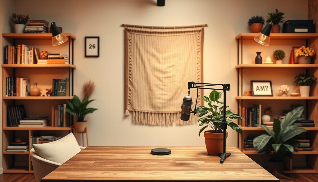 A cozy and inviting podcast backdrop with a warm, natural lighting setup. Soft, earthy tones of beige, tan, and olive green create a welcoming ambiance. In the foreground, a wooden table with a potted plant and a vintage-style microphone sets the scene. Behind it, bookshelves or floating wall shelves display an eclectic collection of books, ornaments, and personal items, adding depth and character. The middle ground features a large, framed piece of art or a textured wall hanging, complementing the overall aesthetic. The background blends seamlessly with the overall design, perhaps featuring a neutral-toned wallpaper or a subtle pattern, creating a harmonious and professional-looking podcast setting.
