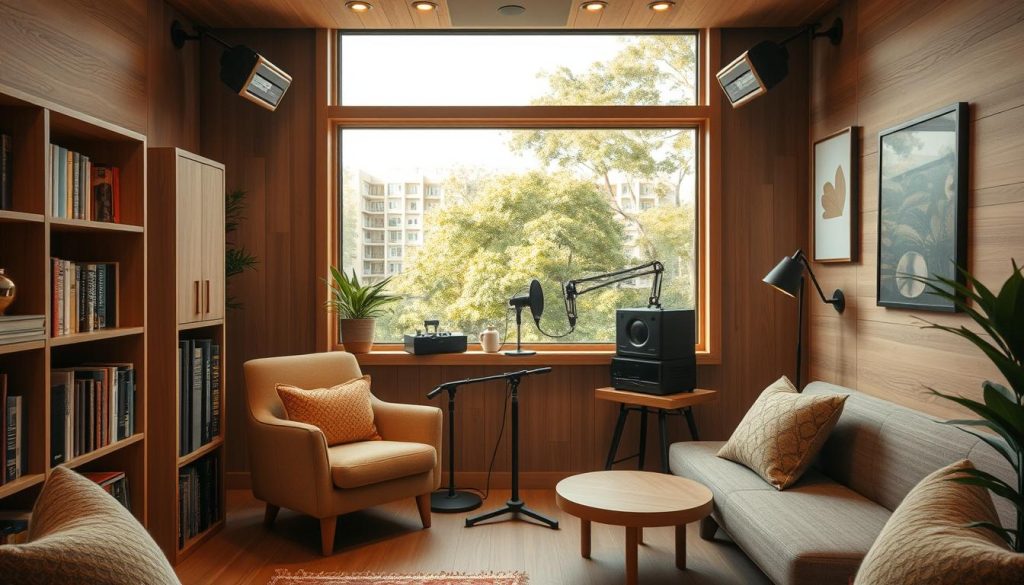 A cozy and inviting podcast studio with a warm, intimate atmosphere. The space features natural wood tones, soft lighting, and plush fabrics that create a welcoming ambiance. In the foreground, a comfortable armchair and a well-curated bookshelf set the stage for relaxed conversations. The middle ground showcases a professional-grade microphone and audio equipment, hinting at the high-quality production that takes place here. In the background, a large window offers a glimpse of a lush, verdant outdoor scene, blending the indoor and outdoor environments seamlessly. The overall design exudes a sense of professionalism and creativity, reflecting the unique character of the "استودیو صمیمی".