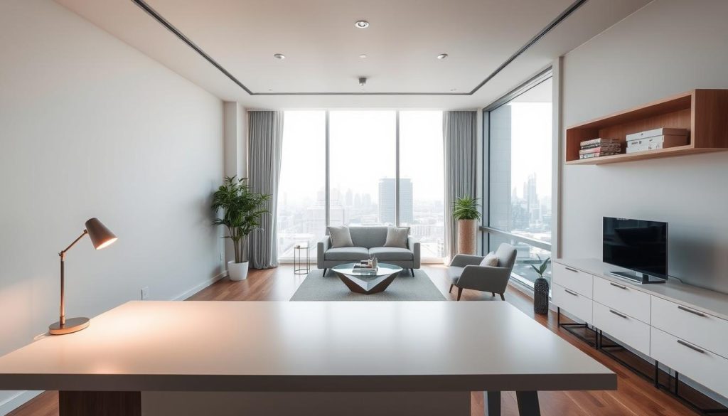 A cozy and modern studio workspace with sleek, minimalist furnishings and ample natural lighting. A neutral color palette of whites, grays, and warm wood tones creates a calming, professional atmosphere. A large, minimalist desk dominates the foreground, complemented by a comfortable office chair and a stylish desk lamp. The middle ground features a small seating area with a plush sofa and a modern, angular coffee table. The background showcases floor-to-ceiling windows overlooking a cityscape, allowing natural light to flood the space. Subtle, indirect lighting provides a soft, even illumination throughout the studio, creating a polished and inviting ambiance.