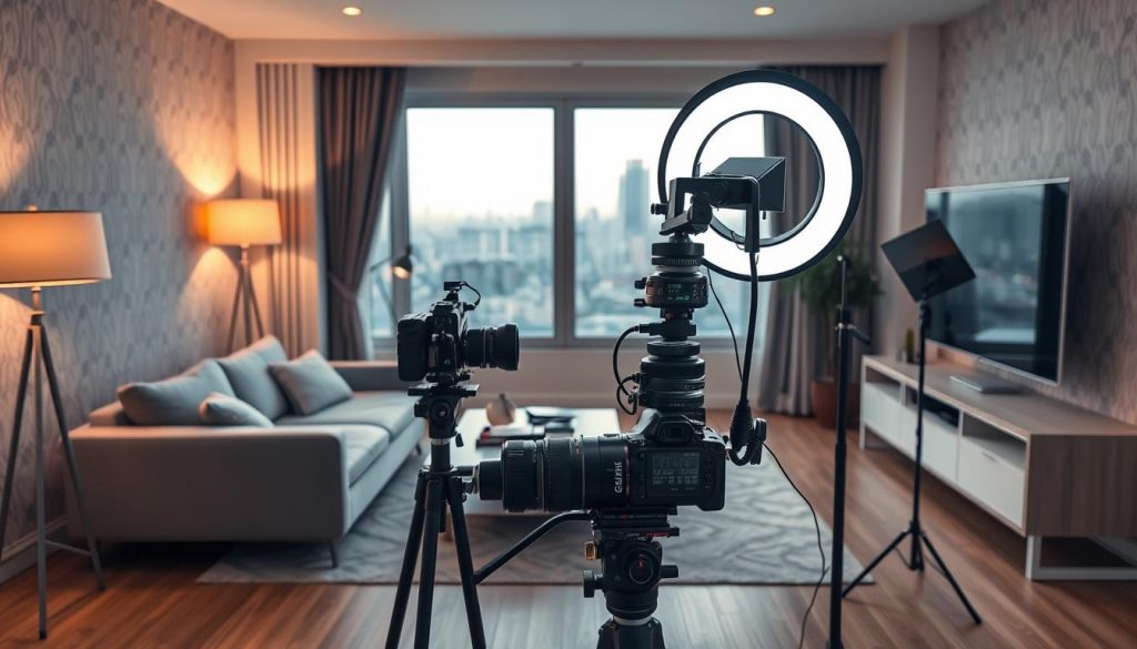 A cozy and stylish apartment interior for a professional YouTube setup. The living room features a modern sectional sofa and a large window overlooking a cityscape. Warm lighting from floor lamps and a sleek, minimalist entertainment center create a welcoming atmosphere. In the middle ground, a well-designed desk setup with a high-quality camera, ring light, and other production equipment. The background showcases a subtle, yet sophisticated wallpaper pattern that complements the overall aesthetic. The composition emphasizes clean lines, neutral tones, and a balance of form and function to produce a visually appealing, studio-ready environment.