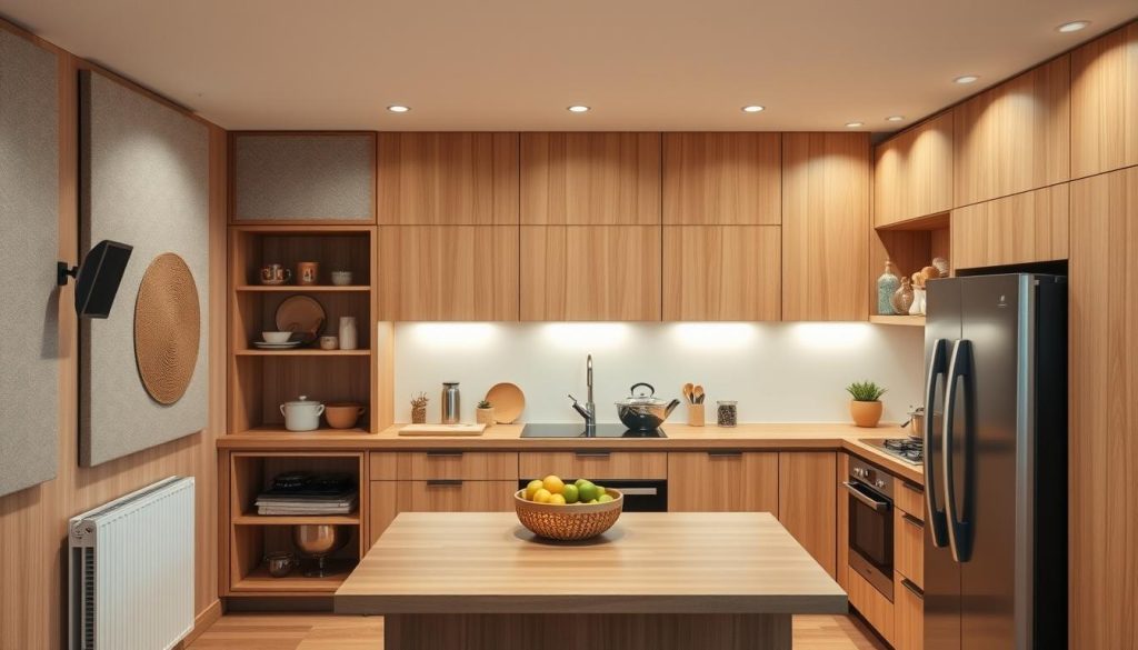 A cozy and well-designed modern kitchen with acoustic considerations. Warm, natural wooden tones and soft lighting create a harmonious atmosphere. Strategically placed sound-absorbing materials on walls and ceilings minimize echoes, ensuring a comfortable soundscape for cooking demonstrations and casual conversations. Sleek, minimalist cabinets and appliances complement the overall aesthetic, while carefully curated decor elements add a touch of personality. The kitchen's layout and material choices showcase a professional-level design that seamlessly blends form and function, catering to the needs of a content creator's culinary showcase.