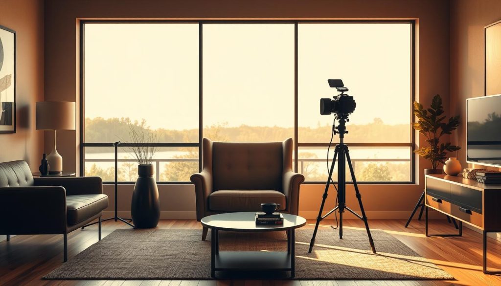 A cozy and well-designed single-person filming setup. A comfortable armchair takes center stage, positioned in front of a large window overlooking a serene outdoor scene. Warm, diffused lighting bathes the space, creating a soft, cinematic ambiance. The background features a minimalist, neutral-toned wall, allowing the subject to remain the focal point. Modern, sleek furniture and decor elements complement the overall aesthetic, exuding a sense of professionalism and sophistication. The overall composition conveys a welcoming, intimate atmosphere perfect for high-quality, single-person video content.