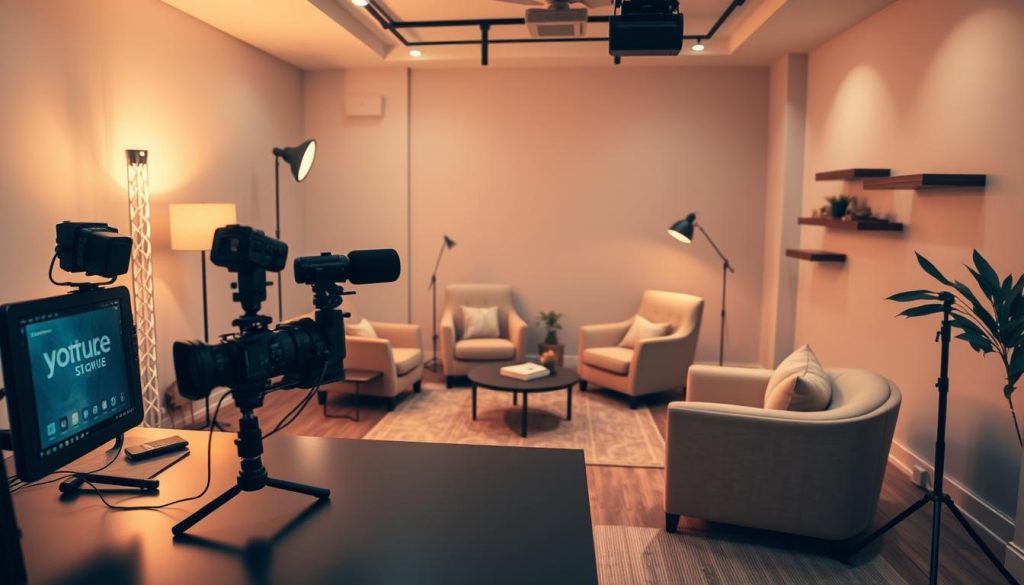 A cozy, inviting YouTube studio space with a warm, neutral color palette. In the foreground, a sleek, modern desk setup with a high-end camera, microphone, and lighting equipment. The middle ground features a stylish, comfortable seating area with plush armchairs and a coffee table, creating an intimate atmosphere for filming. The background showcases a minimalist, yet visually interesting wall design, perhaps with floating shelves or a subtle textured pattern, complementing the overall aesthetic. The lighting is soft and diffused, adding a sense of professionalism and production value. The overall vibe is one of a well-designed, inspirational content creator's haven, tailored for an elevated, lifestyle-focused YouTube channel.