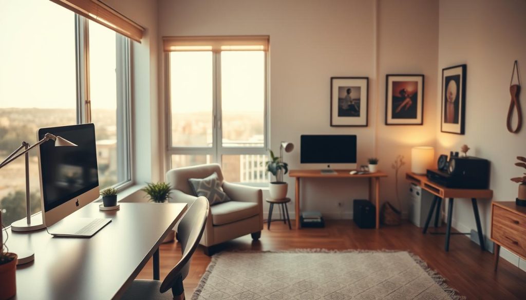 A cozy, inviting studio space with warm lighting and a clean, minimalist aesthetic. In the foreground, a sleek desk with a modern computer setup and a stylish lamp. Midground features a comfortable, plush armchair and a small side table with a potted plant. The background showcases a large window overlooking a serene outdoor scene, allowing natural light to fill the room. Carefully curated decor elements, such as framed artwork and a geometric rug, create a visually appealing and harmonious atmosphere. The overall vibe is one of productivity, inspiration, and a welcoming atmosphere for creating engaging lifestyle content.