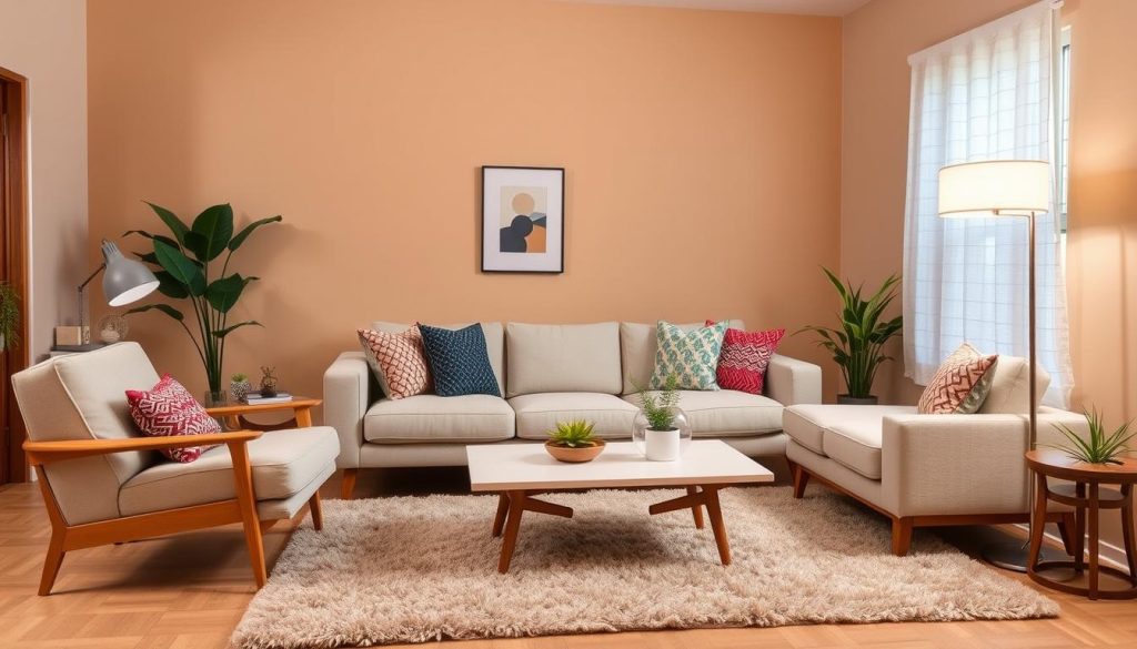 A cozy living room with a mid-century modern aesthetic, featuring a comfortable sofa, plush armchair, and a minimalist coffee table. The walls are painted in a warm neutral tone, complemented by natural wooden accents and a sleek, rectangular floor lamp that casts a soft, ambient glow. Colorful throw pillows and a plush area rug add texture and visual interest, while strategically placed potted plants bring a touch of nature into the space. The overall atmosphere is one of relaxation and inviting simplicity, perfect for a budget-friendly, yet stylish, home decor.
