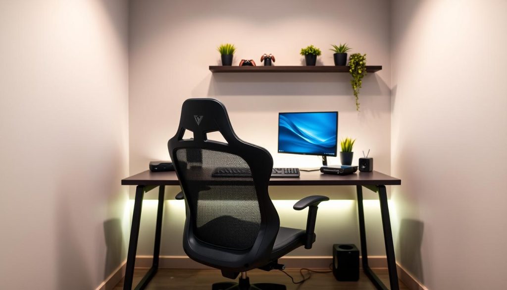 A cozy, minimalist gaming setup with a sleek, affordable desk and ergonomic chair. Soft ambient lighting casts a warm glow, accentuating the modern, uncluttered aesthetic. In the background, a simple yet stylish wall-mounted shelving unit displays a few carefully curated gaming peripherals and decorative plants. The overall impression is one of a professional, well-designed space that maximizes functionality without sacrificing style or breaking the bank.