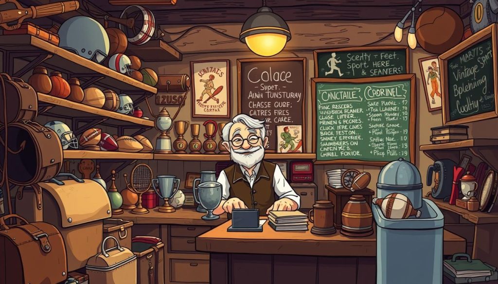 A cozy vintage sports shop, with worn leather equipment, dusty trophies, and faded posters lining the shelves. The owner, a kindly old man, sits behind the counter, his eyes twinkling as he recalls tales of his glory days. Soft, warm lighting illuminates the scene, casting a nostalgic glow over the well-loved, time-honored items. In the background, a chalkboard menu showcases a selection of classic sports memorabilia, hinting at the rich history and personal stories waiting to be discovered. This charming, inviting atmosphere sets the stage for an engaging exploration of the channel's vintage sports theme.