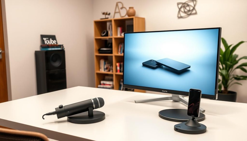 A cozy, well-designed YouTube tech review set with a modern, minimalist aesthetic. In the foreground, a large, high-resolution monitor displays the latest gadget review, its screen illuminated by soft, diffused lighting. On the desk, sleek tech accessories like a stylish microphone and a wireless charging pad complement the clean, uncluttered workspace. The middle ground features a wooden bookshelf displaying various tech-related books and magazines, while the background showcases a simple, yet elegant wall decor, perhaps a metal or geometric sculpture, adding a touch of sophistication to the space. The overall mood is one of professionalism, efficiency, and a passion for technology, reflecting the high-quality content expected from a skilled YouTube tech reviewer.