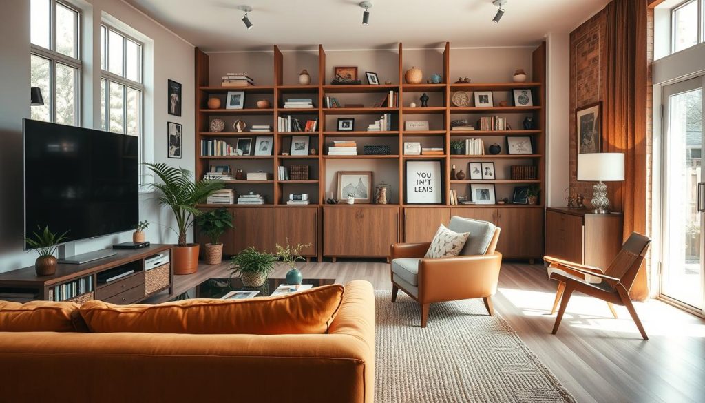 A cozy, well-lit YouTube-inspired living space with a mix of modern and vintage decor elements. In the foreground, a plush, inviting sofa in a warm, earthy tone sits facing a large, sleek TV. On the coffee table, a stack of books and a decorative plant add a touch of greenery. In the middle ground, a stylish mid-century modern armchair and a woven area rug create a cohesive seating arrangement. The background features bookshelves adorned with trinkets, framed artwork, and personal mementos, conveying a sense of coziness and inspiration. Soft, diffused lighting from lamps and wall sconces adds to the inviting ambiance, while large windows allow natural light to flood the space, creating a bright and airy atmosphere.
