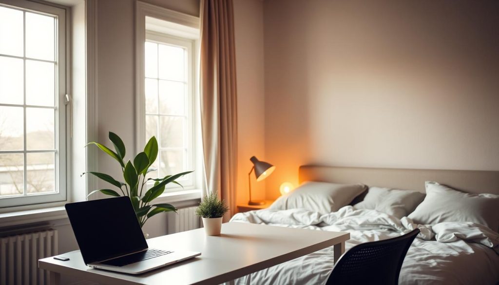 A cozy, well-lit bedroom with natural light streaming through large windows. A minimalist desk setup with a modern laptop, a potted plant, and a warm desk lamp. The space exudes a sense of calm and focus, perfect for recording video content. In the background, a neutral-toned wall with a subtle textured pattern serves as a clean, unobtrusive backdrop. The overall atmosphere is inviting and conducive to creating engaging lifestyle content.