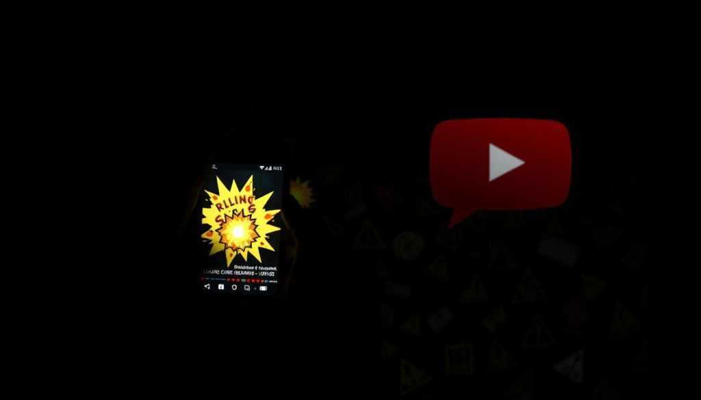 A dark, foreboding scene depicting the promotion of dangerous activities on YouTube. In the foreground, a shadowy figure holds a smartphone, the screen glowing with explosive imagery and risky tutorials. Behind them, a chaotic jumble of warning signs, explosive icons, and cautionary symbols fill the middle ground, hinting at the potential for harm. In the distant background, the YouTube logo looms ominously, casting an uneasy shadow over the entire composition. The lighting is stark and dramatic, creating a sense of tension and unease. The camera angle is slightly low, adding to the ominous, unsettling atmosphere. Overall, the image conveys the serious dangers of YouTube content that encourages or glorifies hazardous behavior.