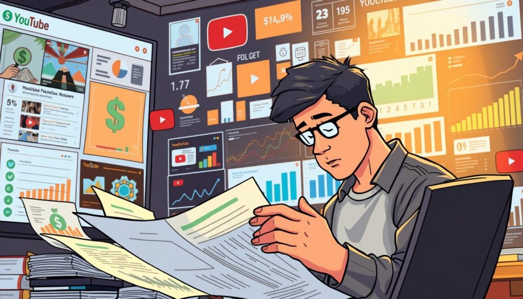 A detailed cartoon illustration depicting the process of analyzing and critiquing YouTube revenue streams. In the foreground, a YouTuber examines various financial documents and charts, deep in contemplation. The middle ground showcases visual metaphors for YouTube monetization tactics, such as dollar signs, ad banners, and subscriber growth metrics. In the background, a colorful array of YouTube platform elements - video thumbnails, analytics dashboards, and trending topic visualizations - create a dynamic and tech-savvy atmosphere. The lighting is warm and focused, drawing the viewer's attention to the YouTuber's analytical process. The overall mood conveys a sense of strategic planning and decision-making around optimizing YouTube earnings. A detailed cartoon illustration depicting the process of analyzing and critiquing YouTube revenue streams. In the foreground, a YouTuber examines various financial documents and charts, deep in contemplation. The middle ground showcases visual metaphors for YouTube monetization tactics, such as dollar signs, ad banners, and subscriber growth metrics. In the background, a colorful array of YouTube platform elements - video thumbnails, analytics dashboards, and trending topic visualizations - create a dynamic and tech-savvy atmosphere. The lighting is warm and focused, drawing the viewer's attention to the YouTuber's analytical process. The overall mood conveys a sense of strategic planning and decision-making around optimizing YouTube earnings.