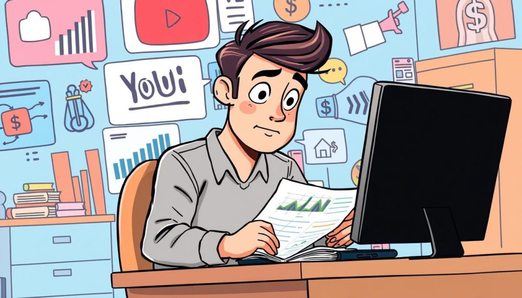 A detailed illustration of a YouTuber carefully analyzing their income stream, surrounded by visual metaphors for the complexities of monetization. Crisp, colorful cartoon style with a thoughtful, analytical mood. The YouTuber sits at a desk, studying financial data and charts, with a contemplative expression. In the background, various revenue sources like ad income, sponsorships, and merchandise sales are represented by stylized icons and symbols. The scene conveys the nuances of managing a successful YouTube channel and the importance of understanding one's earnings.