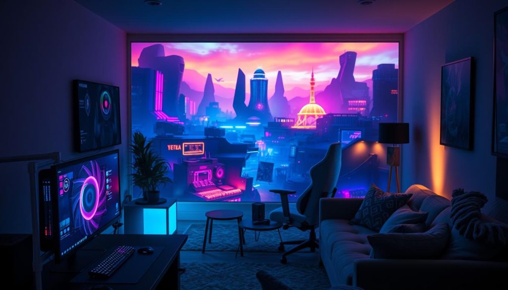 A dimly lit room with a gaming setup in the foreground, featuring a high-end computer, a modern monitor, and gaming peripherals. The middle ground showcases a cozy seating area with plush furniture, including a comfortable gaming chair and a stylish side table. In the background, a vibrant and dynamic digital landscape unfolds, with neon-lit elements, futuristic architecture, and a captivating color palette that creates a visually engaging and immersive atmosphere. Soft, warm lighting illuminates the scene, casting a gentle glow and enhancing the overall ambiance. The composition is balanced, with a harmonious blend of the physical gaming setup and the captivating digital backdrop, capturing the essence of a professional and visually appealing gaming environment.