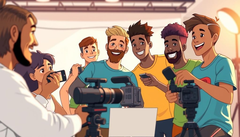 A dynamic and vibrant vlog scene showcasing a team of diverse athletes collaborating on content creation. The frame captures the energy and camaraderie as they brainstorm ideas, share equipment, and film engaging footage. Soft, diffused lighting illuminates their faces, casting warm tones that convey a sense of joy and excitement. The background blurs into a minimalist studio setting, allowing the athletes to be the focal point. The composition emphasizes the process of building a successful YouTube channel, with the athletes representing the various roles and responsibilities involved. An animated, cartoon-like aesthetic brings a playful and approachable feel to the image, making it an ideal visual representation of the article's subject matter.