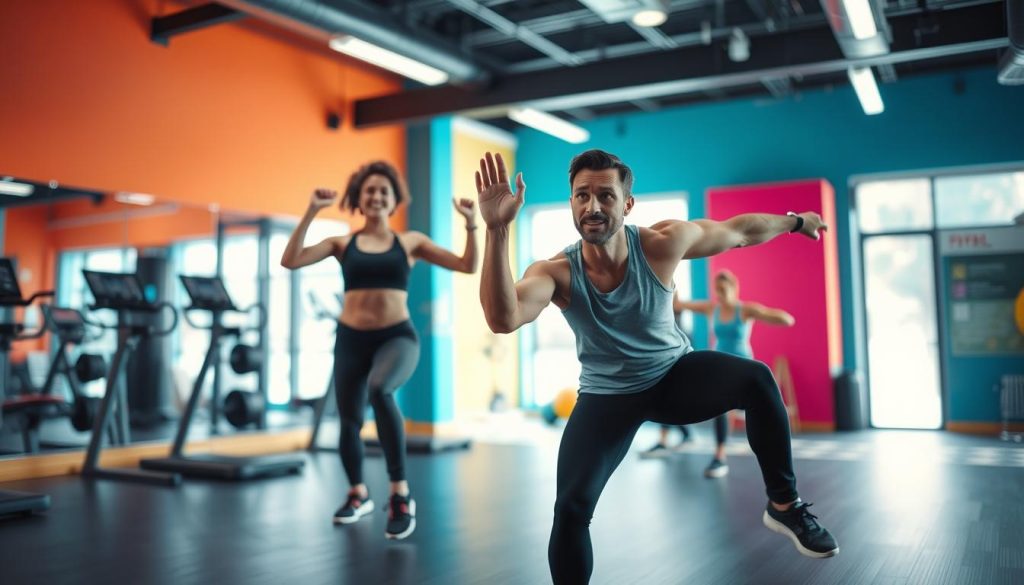 A dynamic fitness studio with vibrant energy and carefully framed movement. High-key lighting illuminates the foreground, showcasing a fitness instructor performing a dynamic exercise, their form and technique precisely captured. The background features sleek, modern equipment and a minimal, colorful decor scheme, creating a visually engaging and professional-looking environment. The camera is positioned to provide an optimal angle for showcasing the workout, with a shallow depth of field that draws the viewer's attention to the subject. Overall, the image conveys a sense of motion, energy, and a well-designed space for fitness content creation.