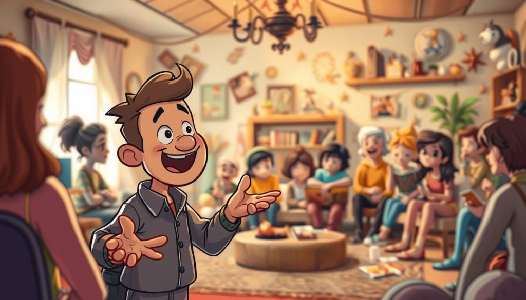 A dynamic scene showcasing the art of storytelling in content creation. In the foreground, a vibrant cartoon character gestures expressively, weaving a captivating narrative. The middle ground features a cast of diverse characters, each with their own personality, engaged in the storytelling process. The background offers a cozy, warm-toned setting, filled with whimsical elements that evoke a sense of imagination and creativity. Soft, diffused lighting illuminates the scene, creating an inviting and inspiring atmosphere. The overall composition emphasizes the power of storytelling, encouraging the viewer to immerse themselves in the creative journey. A dynamic scene showcasing the art of storytelling in content creation. In the foreground, a vibrant cartoon character gestures expressively, weaving a captivating narrative. The middle ground features a cast of diverse characters, each with their own personality, engaged in the storytelling process. The background offers a cozy, warm-toned setting, filled with whimsical elements that evoke a sense of imagination and creativity. Soft, diffused lighting illuminates the scene, creating an inviting and inspiring atmosphere. The overall composition emphasizes the power of storytelling, encouraging the viewer to immerse themselves in the creative journey.