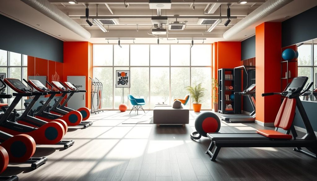 A fitness studio with vibrant, energetic decor that exudes a strong brand identity. The foreground features modern exercise equipment in bold, contrasting colors like red and blue, arranged in a visually appealing layout. The middle ground showcases sleek, minimalist furniture and decor elements that reinforce the fitness brand, such as inspirational wall art and branded accessories. The background depicts an airy, spacious room with large windows allowing natural light to flood the space, creating an uplifting atmosphere. Dramatic studio lighting casts dramatic shadows, highlighting the dynamic, high-energy vibe of the fitness studio. The overall aesthetic is professional, cohesive, and designed to captivate and motivate viewers, effectively communicating the brand's core values of fitness, wellness, and an active lifestyle.