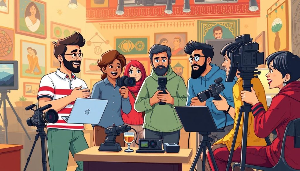 A group of diverse content creators collaborating, sharing ideas, and supporting each other's YouTube channels showcasing Iran's rich cultural heritage and traditions. Vibrant, colorful, and dynamic digital illustration style. Foreground features the main characters - animators, filmmakers, photographers - energetically exchanging concepts and discussing projects. Middle ground shows various media equipment, cameras, and laptops. Background depicts a lively studio setting with cultural motifs, patterns, and artwork on the walls. Warm, inviting lighting creates a productive, creative atmosphere. The scene conveys a sense of connectivity, shared purpose, and collective effort to bring Iran's history and customs to global audiences.