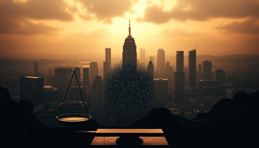 A high-contrast, cinematic scene depicting the complex web of platform policies and their impact on content creation. In the foreground, a digital scale symbolizes the delicate balance between educational and exploitative animal-related content. The middle ground features an abstract representation of platform algorithms, their intricate decision-making processes illuminated by a moody, chiaroscuro lighting. In the background, a sprawling cityscape of tech giants' headquarters, their looming presence casting a long shadow over the creative landscape. The overall atmosphere is one of tension and uncertainty, hinting at the challenges creators face in navigating the shifting sands of platform regulations.