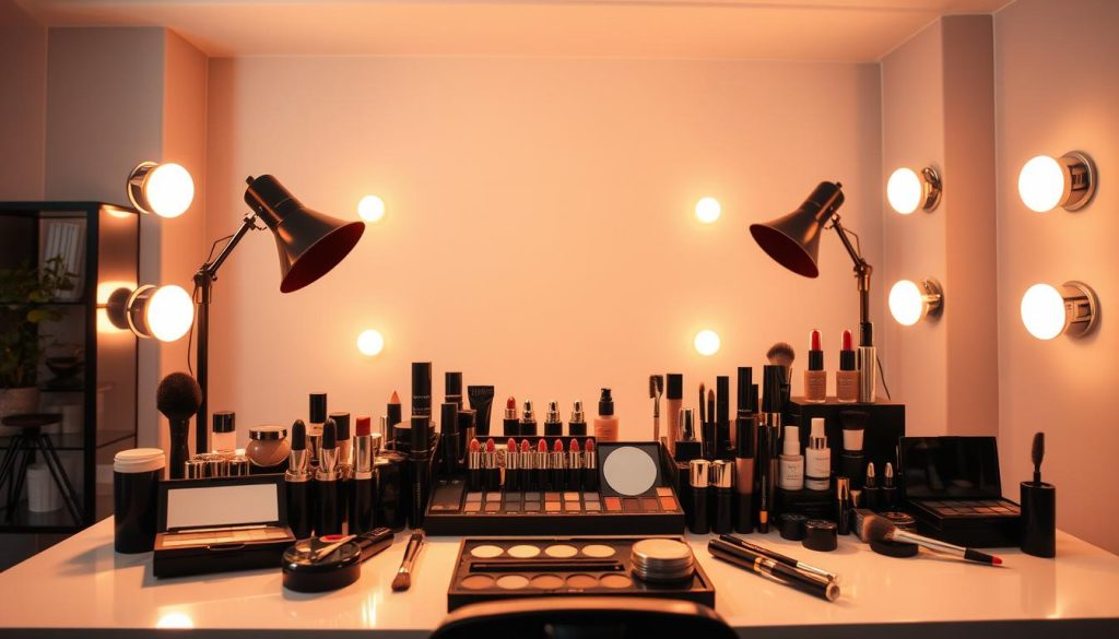 A high-end makeup studio with a professional, alluring decor. The scene features a well-lit vanity table, showcasing various makeup products and tools bathed in warm, directional lighting that casts dramatic shadows and highlights the textures of the cosmetics. The background is a neutral, harmonious color scheme, allowing the focal point of the makeup setup to take center stage. The lighting angles and intensity are carefully considered to create a polished, editorial-inspired look, suitable for a beauty-focused YouTube video. The overall atmosphere is one of sophistication, highlighting the technical mastery of makeup artistry.