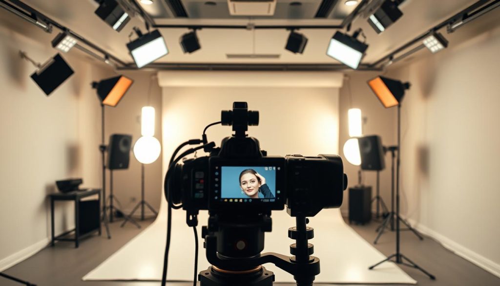 A high-end professional YouTube studio with a meticulously designed backdrop. The setting features a sleek, modern aesthetic with neutral tones and clean lines. Soft, diffused lighting from multiple angles creates an inviting, well-lit atmosphere. The camera is positioned at a slight angle, capturing the subject in an engaging, cinematic manner. The overall mood is one of sophistication, highlighting the importance of a well-crafted visual environment for an influential beauty channel.