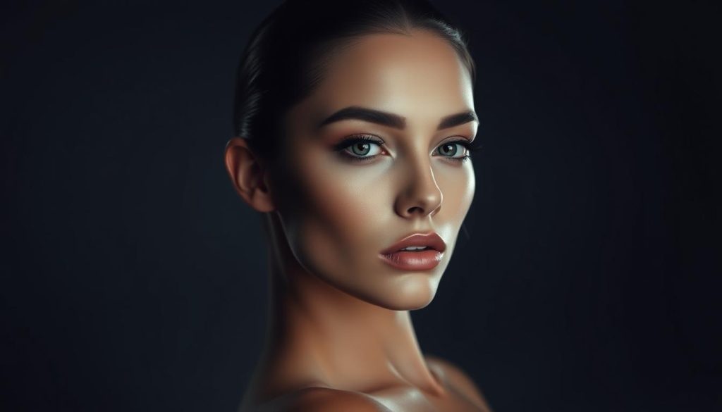 A high-fashion makeup portrait with dramatic, moody lighting. The subject's face is illuminated by a single key light from the side, casting dramatic shadows and highlights across their features. The background is a seamless, charcoal-colored studio backdrop, creating a minimalist, professional appearance. The lighting is precisely controlled, with soft, diffused fill lighting to balance the contrast. The camera is positioned at a slight angle, capturing the subject's face in a flattering, three-quarter view. The overall aesthetic is sleek, sophisticated, and evocative, befitting a high-quality YouTube beauty tutorial.