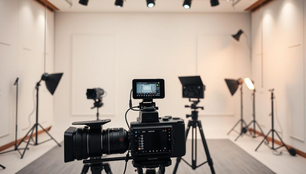 A high-quality, visually striking YouTube studio setup with a sleek, modern aesthetic. The background features a stylish, minimalist design in neutral tones, with clean lines and geometric patterns that create a sense of depth and visual interest. In the foreground, a professional-grade camera and lighting equipment are arranged in a purposeful, well-composed layout, reflecting the attention to detail and production quality of the YouTube channel. The overall atmosphere is one of sophistication, efficiency, and a commitment to creating compelling visual content. The lighting is soft and even, casting a warm, inviting glow that enhances the professional, polished feel of the scene.
