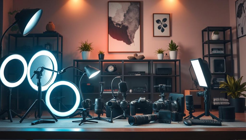 A highly detailed and visually striking still life scene of the essential decor materials for a professional gaming YouTube setup. The foreground features an assortment of lighting equipment including LED ring lights, softboxes, and a flexible gooseneck desk lamp, all arranged in an artistic composition. In the middle ground, an array of high-quality cameras, microphones, and audio gear are meticulously placed. The background showcases a selection of decorative elements like sleek black shelving units, potted plants, and abstract wall art, creating a cohesive and aesthetically-pleasing gaming setup. The lighting is dramatic yet natural, with shadows and highlights accentuating the textures and shapes of the various items. The overall mood is one of sophistication, creativity, and technological prowess.
