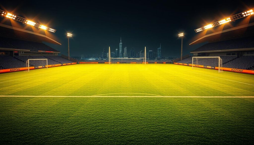 A lush, verdant soccer pitch with meticulously manicured grass, surrounded by a stadium of towering stands. Floodlights cast a warm, golden glow, illuminating the field in a cinematic atmosphere. Sleek, modern goal posts stand tall, their shiny surfaces gleaming. In the distance, a panoramic view of the city skyline provides a captivating backdrop, hinting at the professional, high-stakes nature of the sport. The overall design is sleek, polished, and visually striking, creating a sense of excitement and anticipation for the game to come.