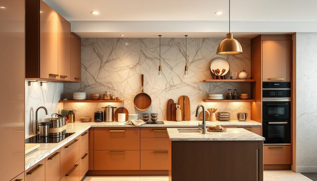 A luxurious and functional kitchen decor setting, showcasing an array of high-quality materials and finishes. The foreground features sleek, modern cabinets in a warm, neutral tone, complemented by elegant marble countertops and a sophisticated backsplash. In the middle ground, various cooking and baking supplies are neatly arranged, highlighting the practical aspects of the design. The background is filled with tasteful lighting fixtures and subtly textured walls, creating a harmonious and inviting atmosphere. The lighting is soft and even, accentuating the rich materials and the overall sense of sophistication. The angle is slightly elevated, capturing the entire scene in a well-balanced composition.