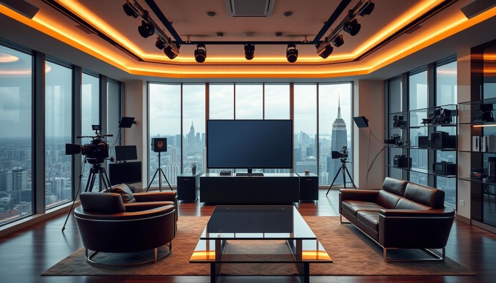 A luxurious, professional-grade YouTube studio decor with a sleek, modern aesthetic. Sophisticated lighting fixtures cast a warm, cinematic glow over a spacious set featuring a large, high-definition display as the central focus. Plush leather chairs and a glass-topped desk create an elegant workspace, complemented by minimalist shelving units displaying high-end video equipment. The background showcases a sprawling city skyline visible through floor-to-ceiling windows, evoking a sense of urban sophistication. Careful attention to detail in the material textures, color palette, and overall design effortlessly conveys the impression of a high-caliber, well-appointed broadcasting environment.