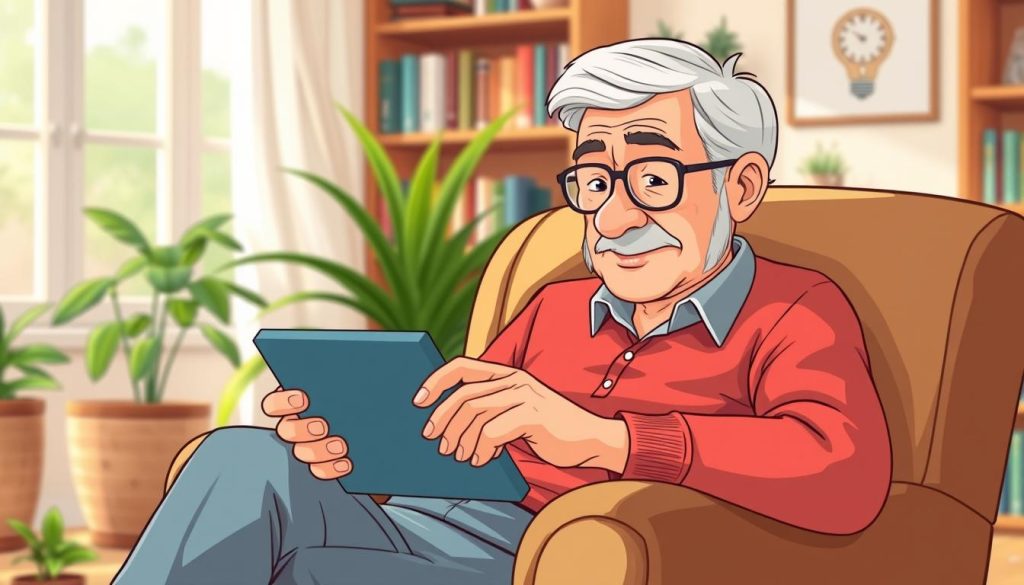 A mature adult sitting in a comfortable chair, intently focused on a language learning app on their tablet. The scene is set in a cozy, well-lit living room, with bookshelves and plants in the background, conveying a sense of intellectual engagement and lifelong learning. The person's expression is one of determination and curiosity, reflecting the importance of language acquisition in later life. The overall mood is one of calm concentration and the belief that it's never too late to expand one's linguistic horizons. The lighting is warm and natural, creating a welcoming atmosphere. The composition emphasizes the central figure, with the background elements providing context and depth.