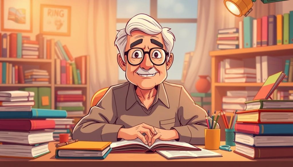 A mature adult student, surrounded by colorful books and learning tools, sits intently at a desk, expression focused and determined. Warm lighting casts a cozy, welcoming glow, inviting the viewer to join this dedicated lifelong learner on their journey of language discovery after 40. The scene conveys a sense of perseverance, curiosity, and the empowering pursuit of new skills at any age. Rendered in a whimsical, cartoon-like style that celebrates the joys of learning.