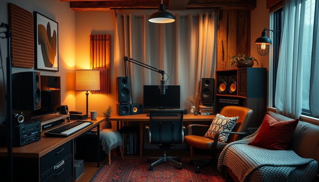 A meticulously curated shopping list for a captivating podcast studio decor, featuring a harmonious blend of modern and traditional elements. Showcase a thoughtfully arranged display of sleek audio equipment, cozy textiles, and rustic wooden accents, bathed in warm, diffused lighting that creates an inviting, intimate atmosphere. Capture the essence of a professional yet welcoming workspace, where creativity thrives in a visually striking, tactile environment. Emphasize the carefully selected materials and their thoughtful placement to evoke a sense of refined sophistication and personal style.