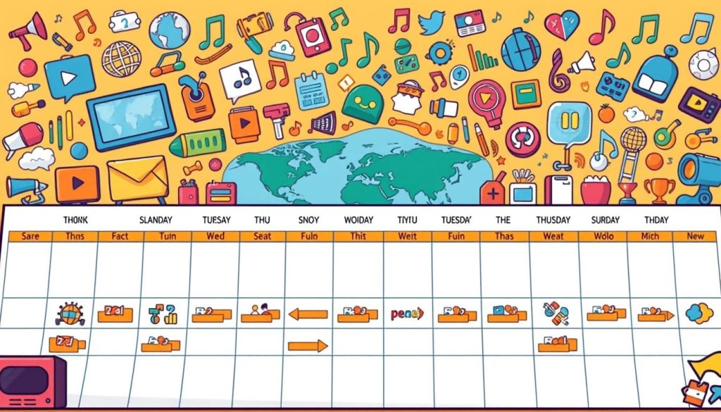 A meticulously organized calendar filled with vibrant, cartoon-style content icons representing a diverse range of multimedia elements. The foreground showcases a well-structured publishing schedule, with each day featuring a unique symbol or character. The middle ground depicts a stylized world map, hinting at the global reach of the content. In the background, a dynamic array of musical notes, athletic equipment, and other thematic motifs create a lively, energetic atmosphere. Warm, saturated lighting casts a sense of productivity and engagement, while a slightly whimsical, playful tone resonates throughout the composition.
