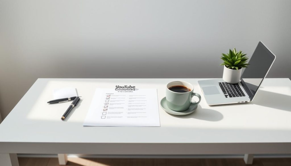 A meticulously organized checklist laid out on a sleek, minimalist desk. The soft, natural lighting illuminates the clean lines and neutral tones of the workspace, creating a sense of focused efficiency. Carefully arranged office supplies, a laptop, and a cup of fresh coffee set the stage for a productive recording session. The background features a subtle, textured wall, providing a sophisticated backdrop that complements the streamlined, professional aesthetic. Every element is thoughtfully considered, reflecting the care and attention to detail required for a successful YouTube content creation.