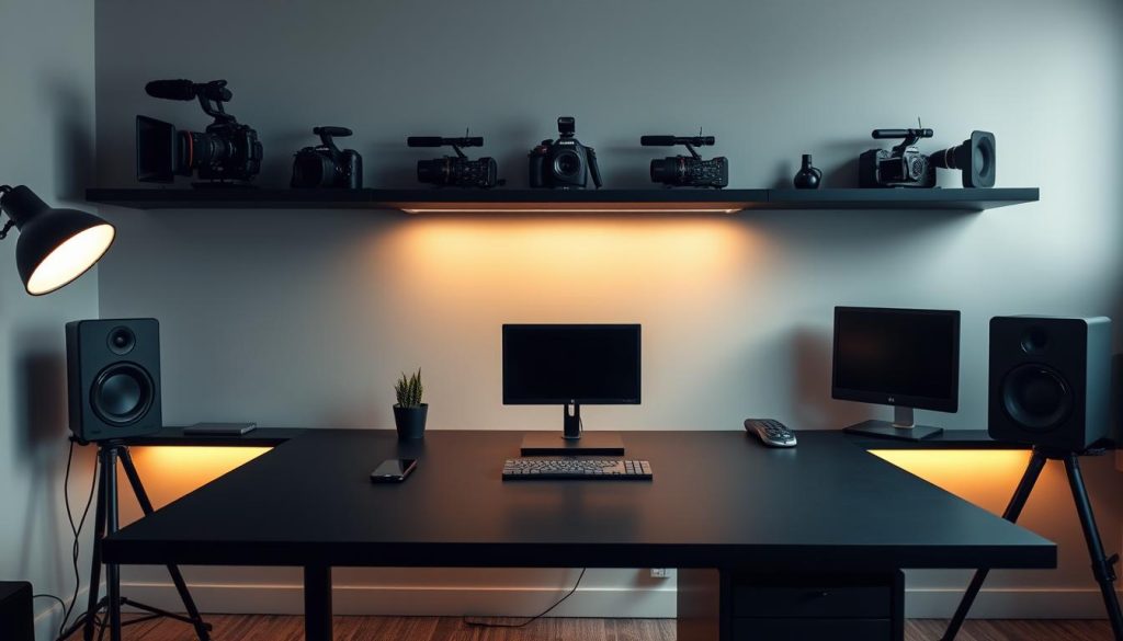 A minimalist yet captivating YouTube setup, featuring a sleek matte black desk, floating shelves displaying professional camera gear, and a neutral-toned backdrop that sets the stage for content creation. Soft, diffused lighting gently illuminates the scene, creating a warm, focused ambiance. The arrangement exudes a sense of organization and purposeful design, inspiring creativity and productivity. Every element, from the clean lines to the carefully curated accessories, contributes to a polished, contemporary aesthetic that will elevate any specialized football-themed content.