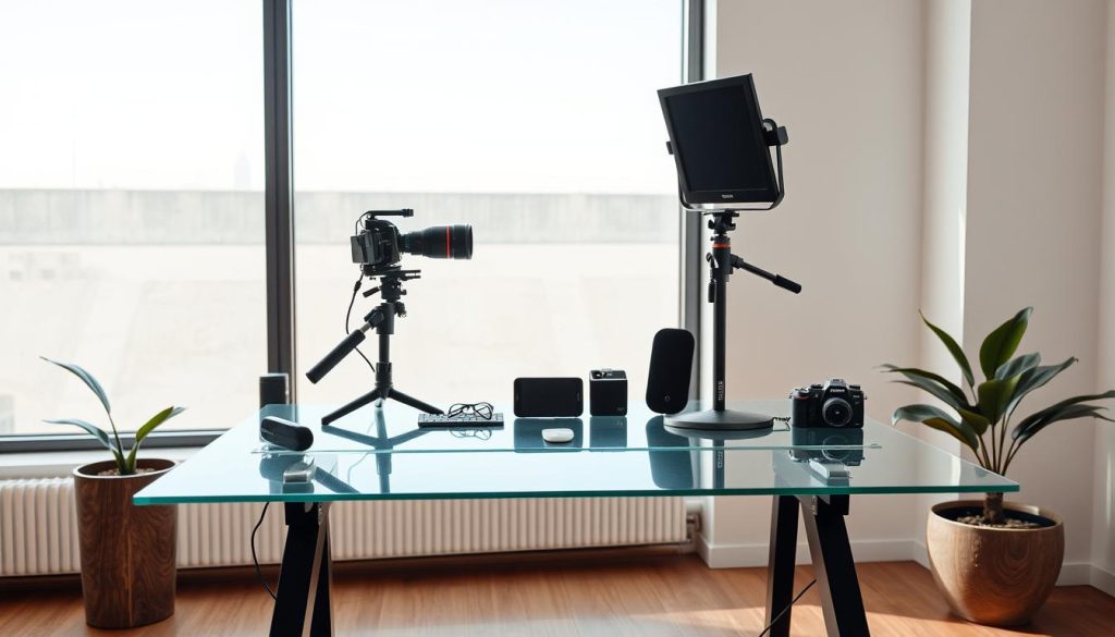A modern and minimalist desk setup for a tech review and critique session. The sleek, glass-top desk is positioned in front of a large, floor-to-ceiling window, bathing the workspace in natural light. A high-quality camera, microphone, and lighting equipment are neatly arranged, ready to capture detailed product reviews. The clean, uncluttered design puts the focus on the task at hand, creating a professional and inviting environment for thoughtful analysis and commentary. Hints of warm wood accents and a subtle plant add a touch of organic elegance, complementing the overall sophisticated aesthetic.