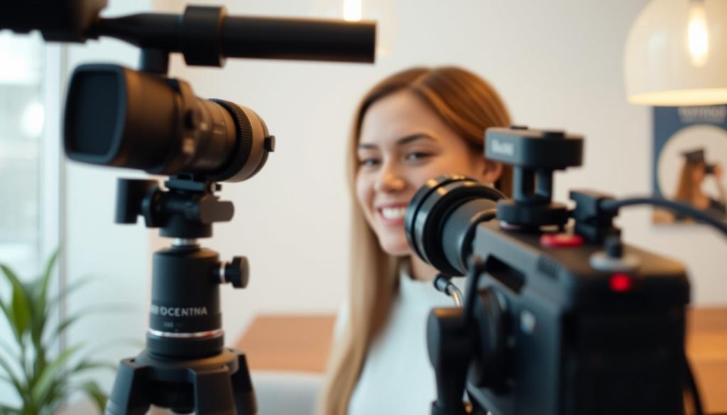 A modern and visually captivating video frame composition. A sophisticated camera setup with a professional-grade lens, precisely angled to capture the scene from an engaging perspective. Soft, balanced lighting accentuates the subject's features and creates an inviting atmosphere. The frame is carefully structured, with a harmonious interplay of shapes, textures, and negative space. The overall aesthetic is clean, minimalist, and stylish, reflecting a lifestyle-focused, socially-connected vibe. The composition guides the viewer's gaze, drawing attention to the focal point in a visually compelling way.