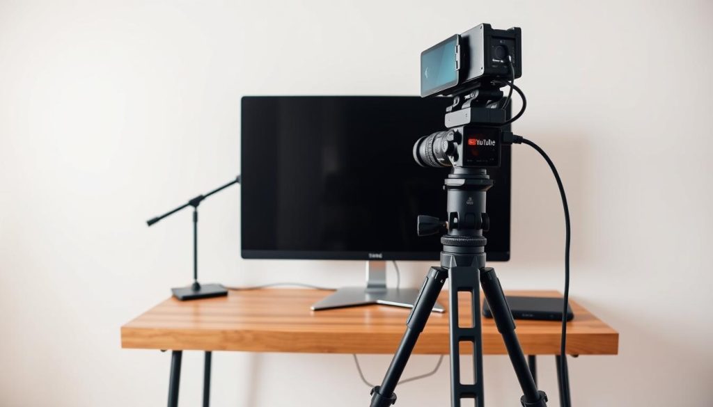 A modern, minimalist home studio with a clean, well-lit setup. The frame features a simple wooden desk, a sleek monitor, and a professional-grade camera on a sturdy tripod. The background is a plain white wall, allowing the equipment to take center stage. Soft, indirect lighting creates a warm, inviting atmosphere, perfect for recording high-quality video content. The overall design is both functional and aesthetically pleasing, reflecting the professional nature of the YouTuber's work while maintaining a comfortable, homely feel.