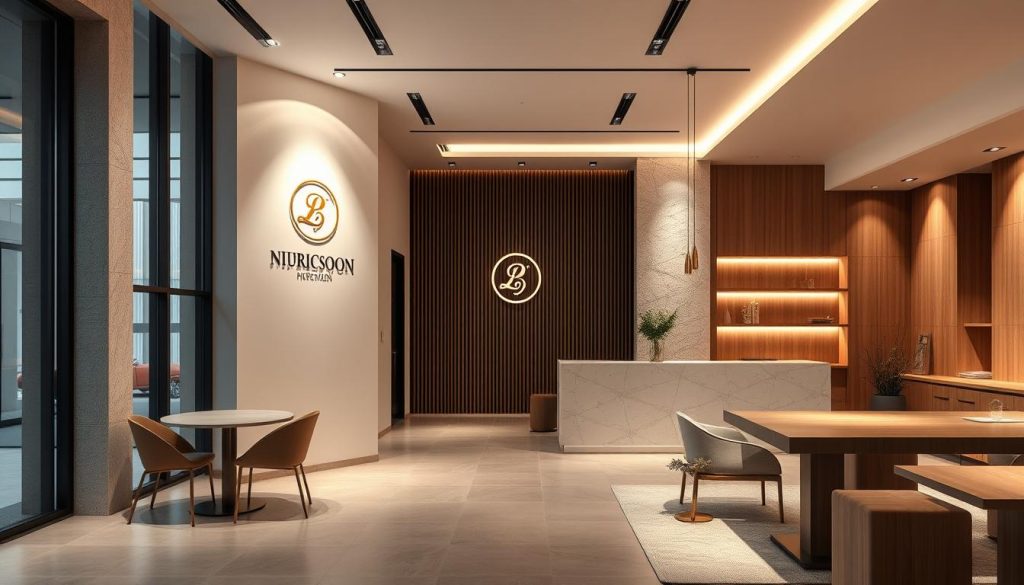 A modern, minimalist interior design with sleek, geometric shapes, clean lines, and a neutral color palette. The space features a mix of natural materials like wood and stone, along with metallic accents for a touch of sophistication. Strategically placed lighting, both ambient and directional, creates a warm, inviting atmosphere. Elegant, minimalist branding elements like a simple logo or symbol are seamlessly integrated into the decor, becoming part of the overall aesthetic. The layout is thoughtfully arranged to create a harmonious, visually appealing environment that reflects a polished, professional image.