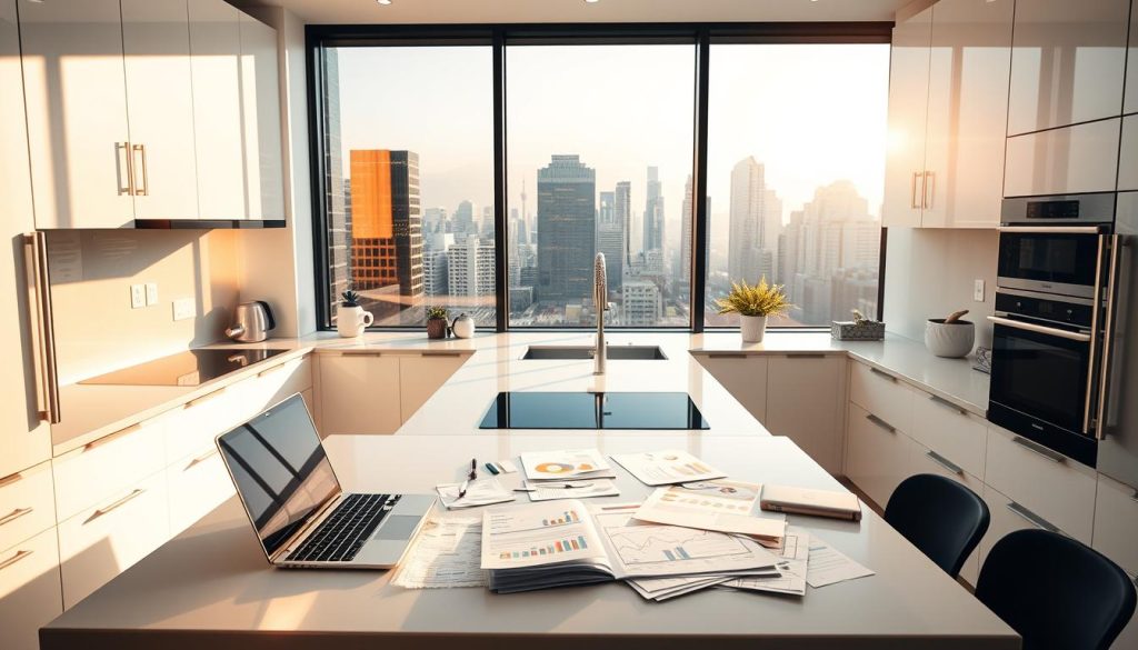 A modern, minimalist kitchen interior with sleek countertops, high-end appliances, and a clean, uncluttered aesthetic. The focal point is a large window overlooking a vibrant cityscape, bathing the space in warm, natural light. In the foreground, a laptop and various financial documents are scattered on the kitchen island, conveying the idea of analyzing YouTube revenue and exploring monetization strategies. The overall mood is one of contemplation, with a sense of professionalism and attention to detail, reflecting the careful consideration of one's YouTube income and the potential services offered by Igram T to support content creators.
